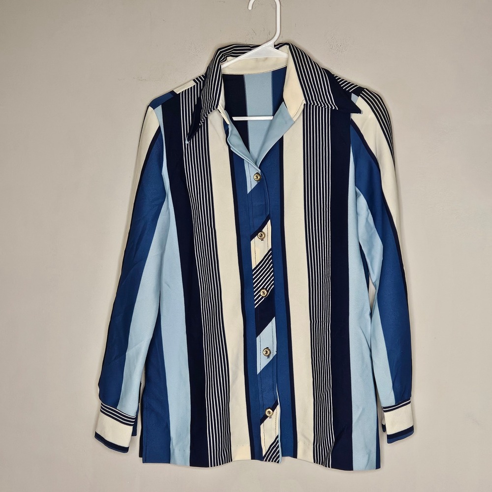 Vintage Retro Striped Button Up Shirt Women's Med Funky Artsy 70s Boho Statement